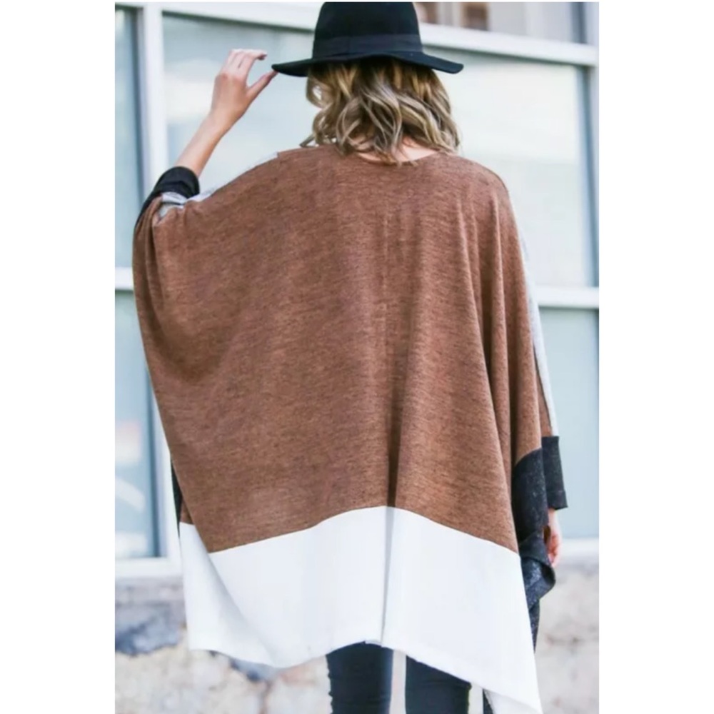 Gray Camel Color Block Dolman Poncho Cardigan - Picture 5 of 6